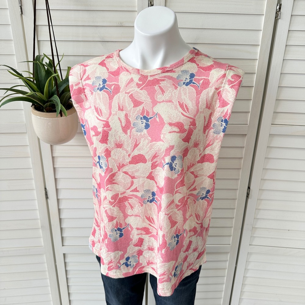 Ted Baker London Kashaa Shoulder Pad Linen Tee Pink Floral Tank Top Size 2, US 6